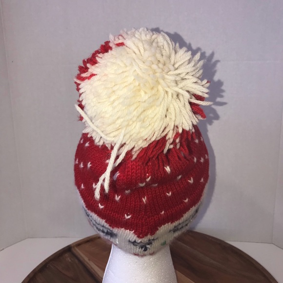 Vtg 80s Marceau pom-pom wool hat hearts winter red - Picture 8 of 8